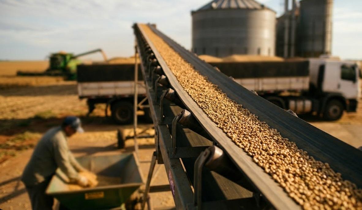 Cinta transportadora industrial cargando grano de soja en planta sojera del Paraguay — Warbel